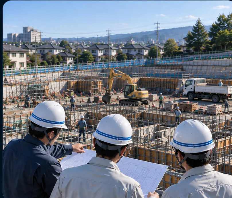建設現場で図面を確認する施工スタッフ